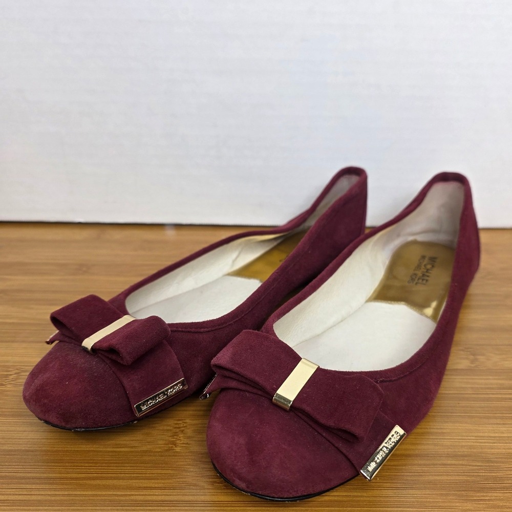 Michael Kors Fulton Burgundy Suede Bow Ballet Flats Gold Hardware Womens 10M